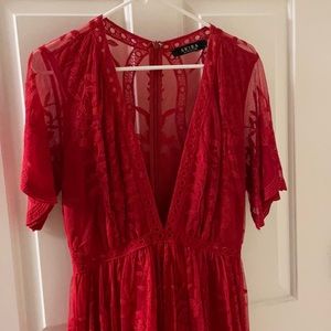 Red lace romper with full lace overlay